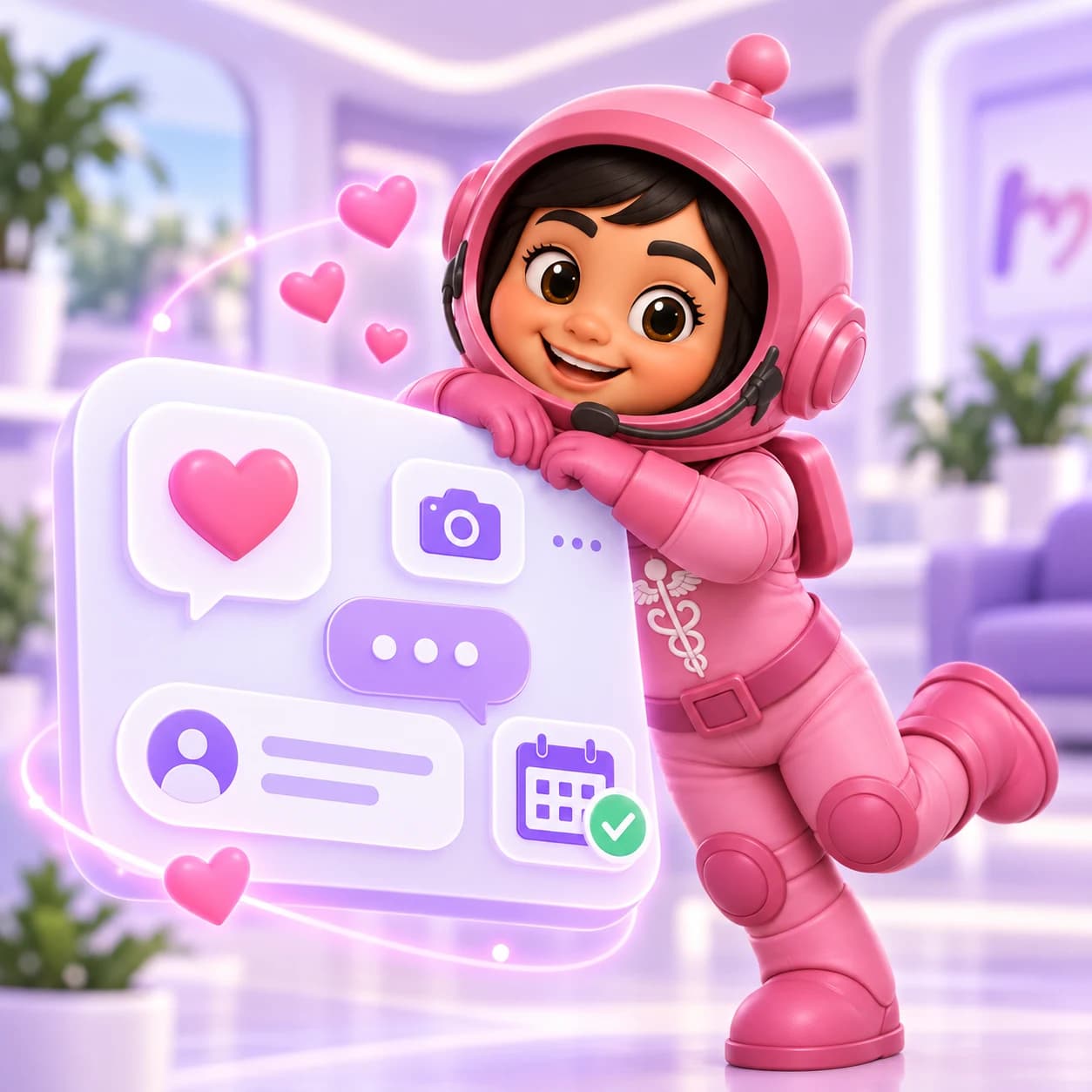 Mascota de HealthMate junto a una pantalla de Instagram con conversaciones y citas