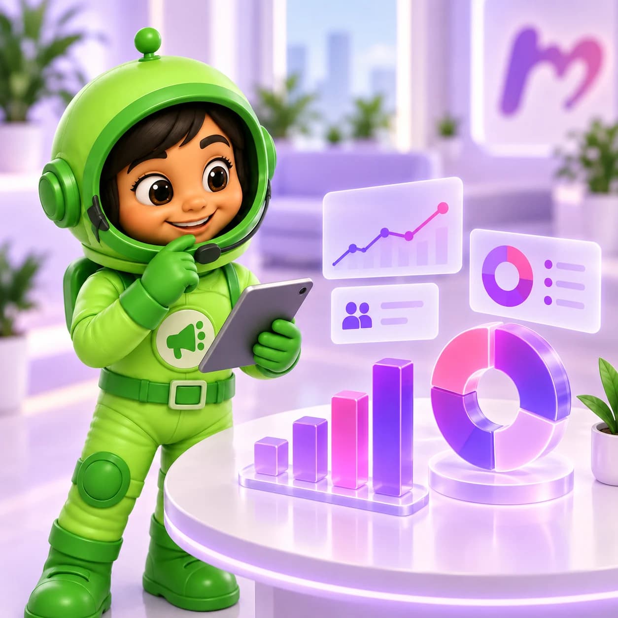 Mascota de HealthMate presentando un panel de métricas con gráficos y datos