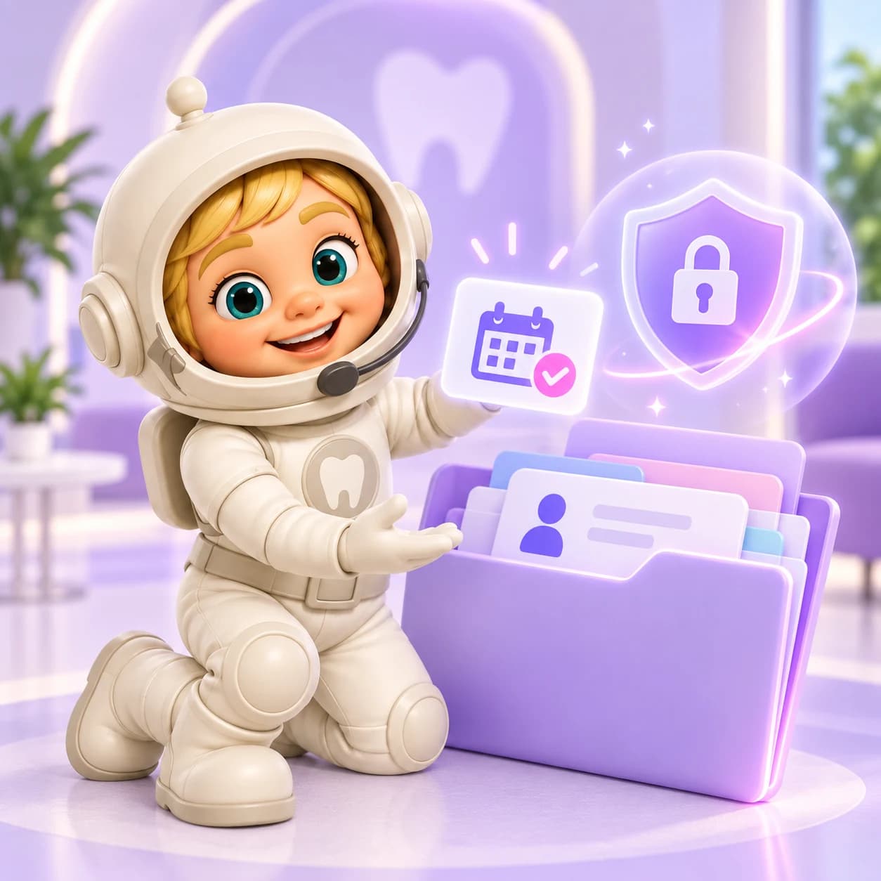 Mascota de HealthMate junto a un portal con documentos, citas y comunicaciones del paciente