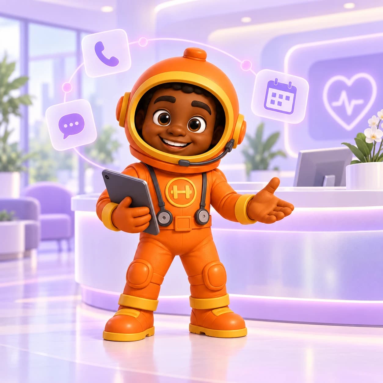 Mascota de HealthMate atendiendo la recepción con una agenda y conversaciones de pacientes