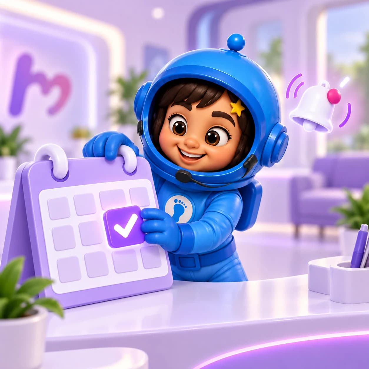 Mascota de HealthMate junto a un calendario con confirmaciones y recordatorios