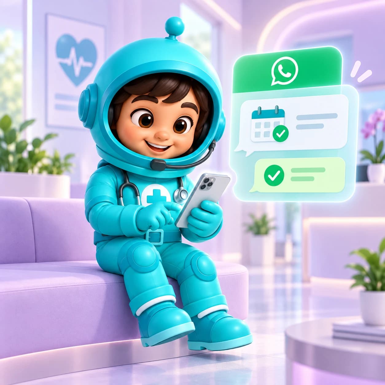 Mascota de HealthMate junto a una conversación de WhatsApp con mensajes y citas