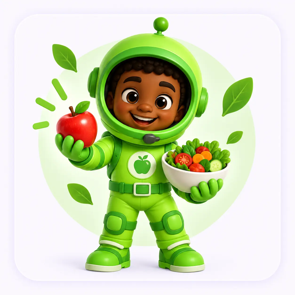 Luca sostiene una manzana y un cuenco de verduras