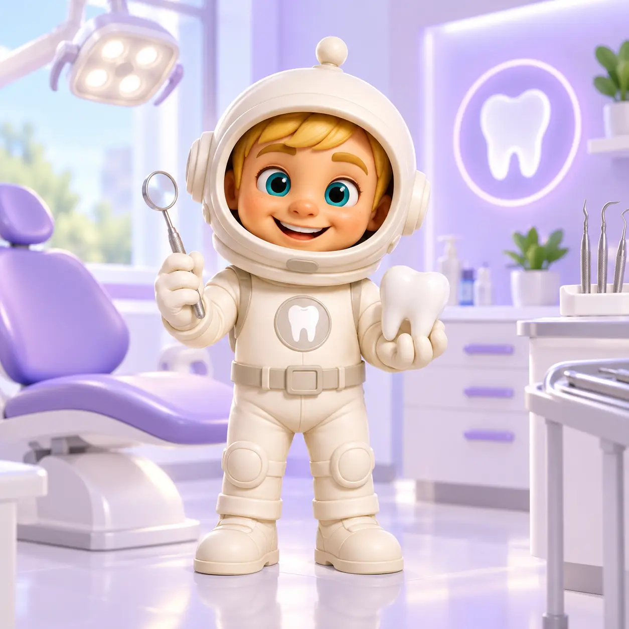 Dante sostiene un espejo dental y un modelo de un diente