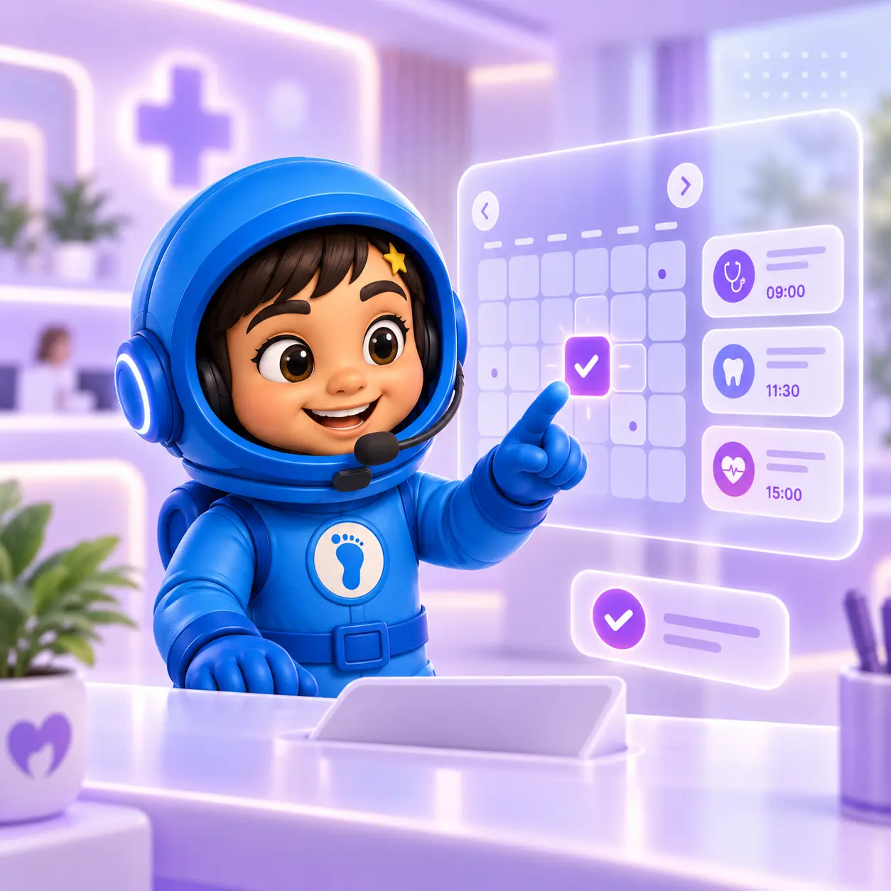 Mascota de HealthMate junto a una agenda con citas de diferentes profesionales