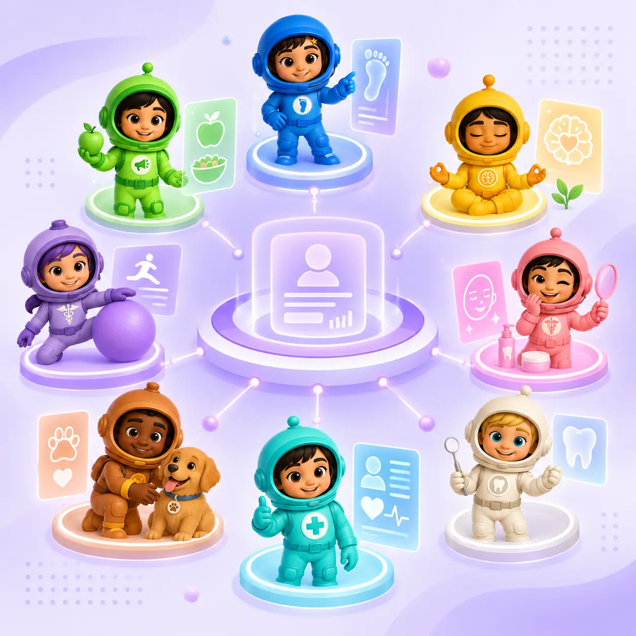 Las mascotas de HealthMate representan distintas especialidades conectadas con una ficha de paciente