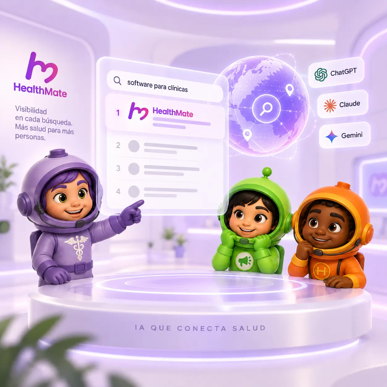 Mascotas de HealthMate junto a una ilustración de búsquedas con ChatGPT, Claude y Gemini
