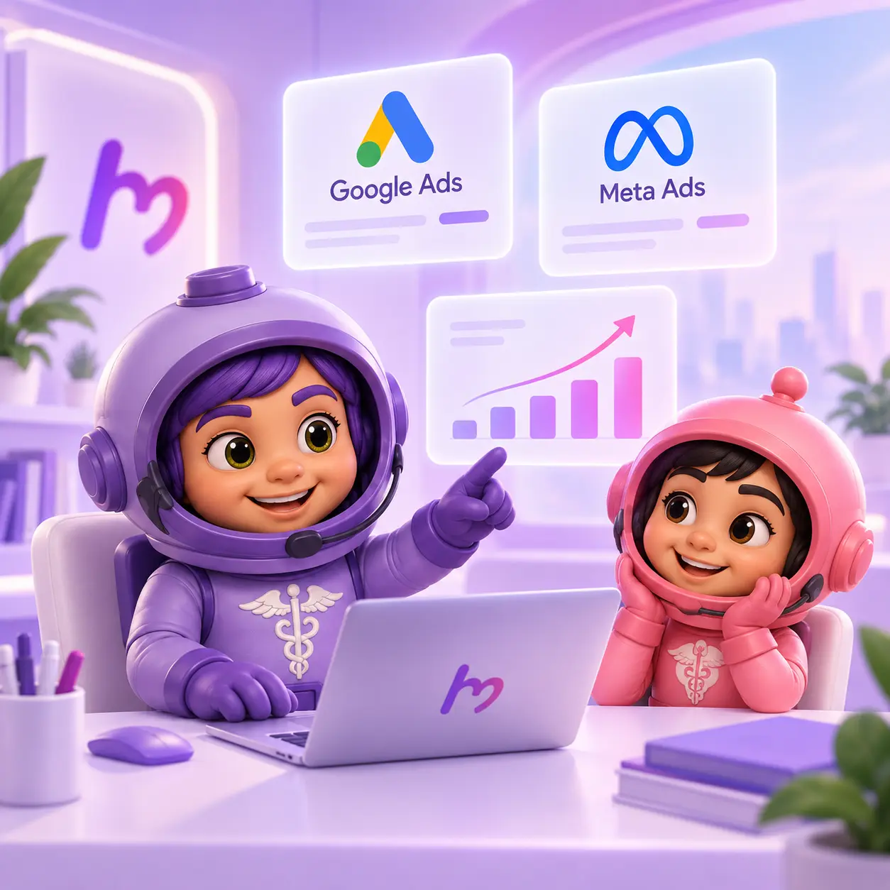 Mascotas de HealthMate junto a paneles de Google Ads y Meta Ads