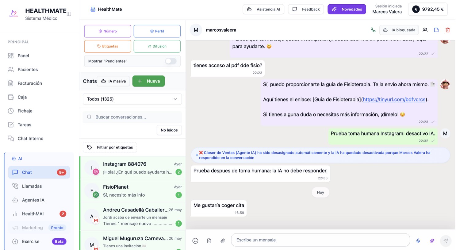 HealthMate atendiendo mensajes y llamadas de pacientes con IA en el chat de la clinica